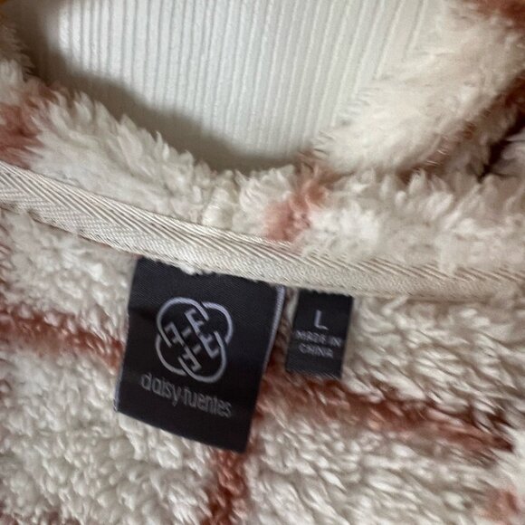 Daisy Fuentes Sherpa Hoodie Jacket L Cozy Plush Fuzzy Grid Check Open Front Pock - Picture 3 of 3